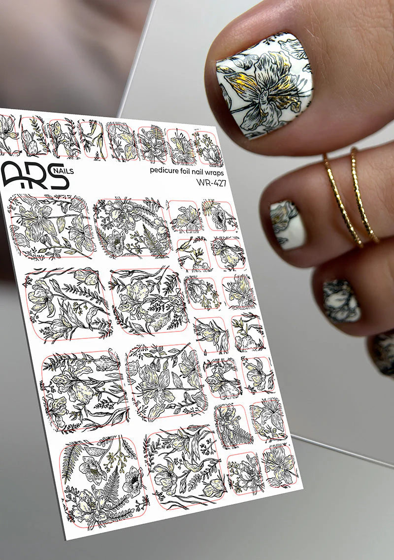Wrap pédicure fleurs noires sur fond blanc avec effet feuille d’or WR-427