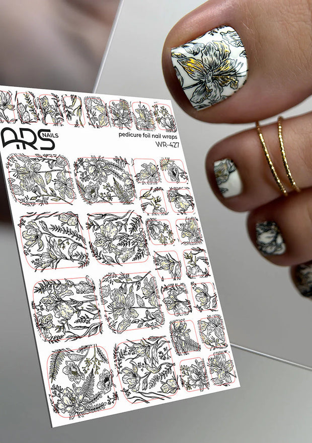Wrap pédicure fleurs noires sur fond blanc avec effet feuille d’or WR-427