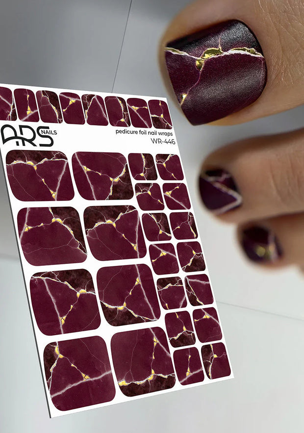 Wrap pédicure bordeaux avec ligne blanche et détails dorés WR-446 The Nail Wraps