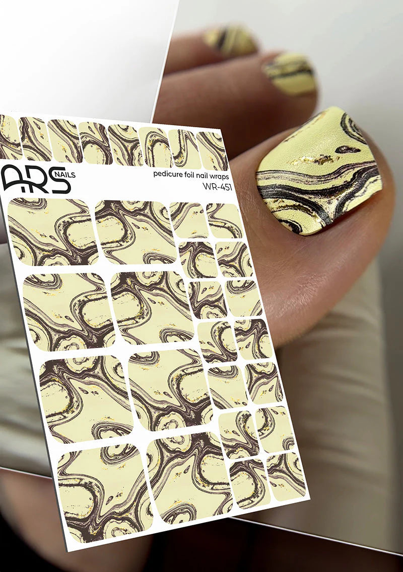Wrap pédicure jaune et brun avec effet feuille d’or WR-451