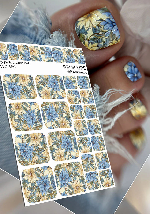 Wrap pédicure floral avec effet feuille d’argent WR-580