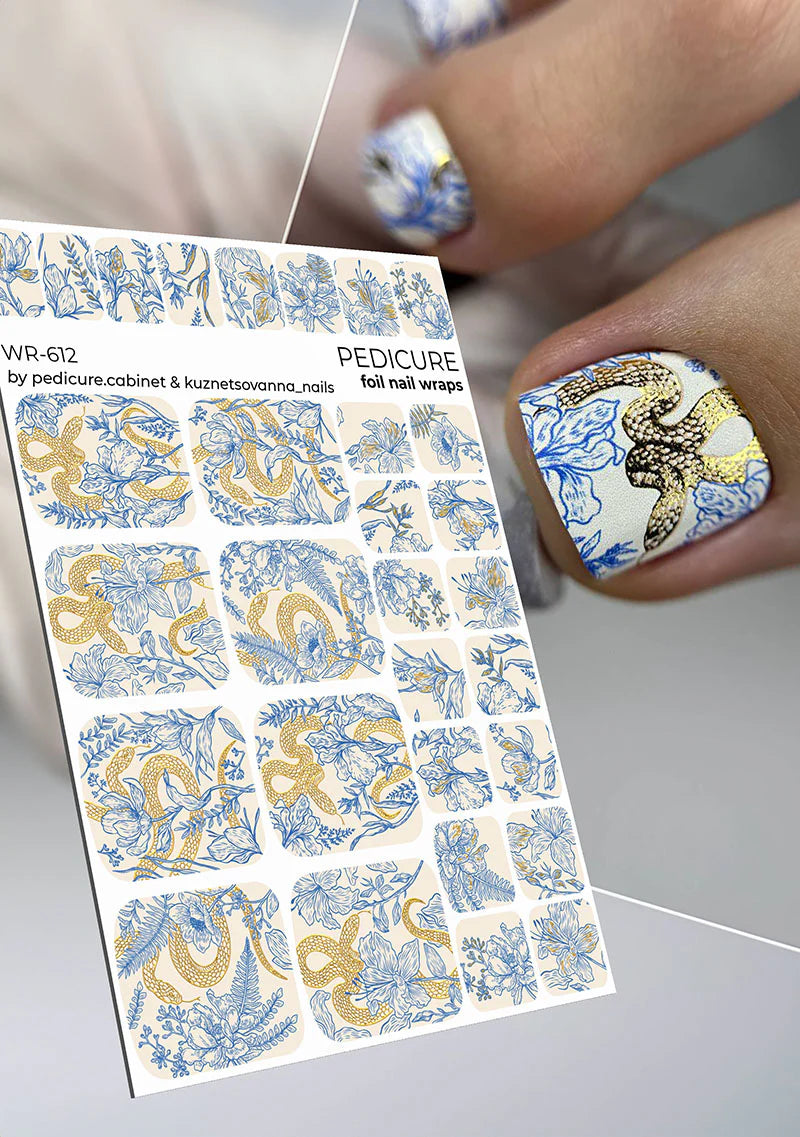 Wrap pédicure fleurs et motif snake avec effet feuille d’or WR-612