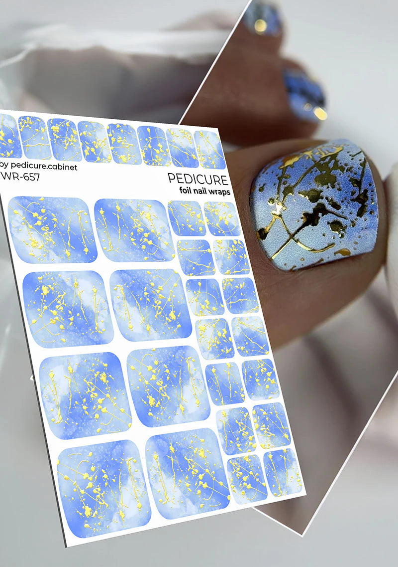 Wrap pédicure bleu artistique avec détails dorés WR-657 The Nail Wraps