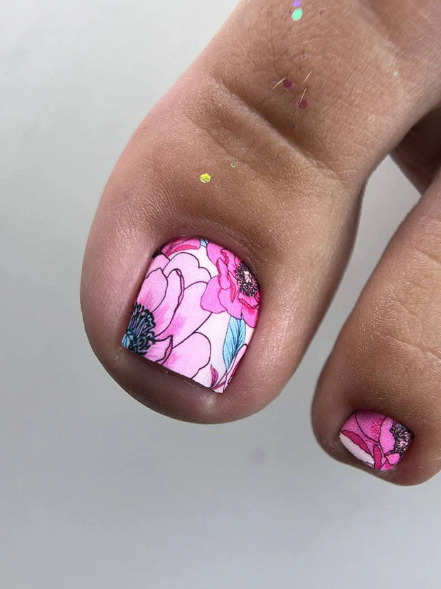 Nail wrap pédicure floral avec pivoines roses et feuillage bleu WR-713