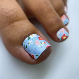 Nail wrap pédicure bleu avec petites fleurs WR-717