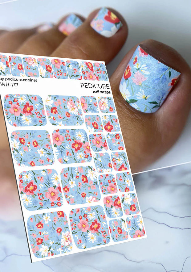 Wrap pédicure petites fleurs sur fond bleu WR-717