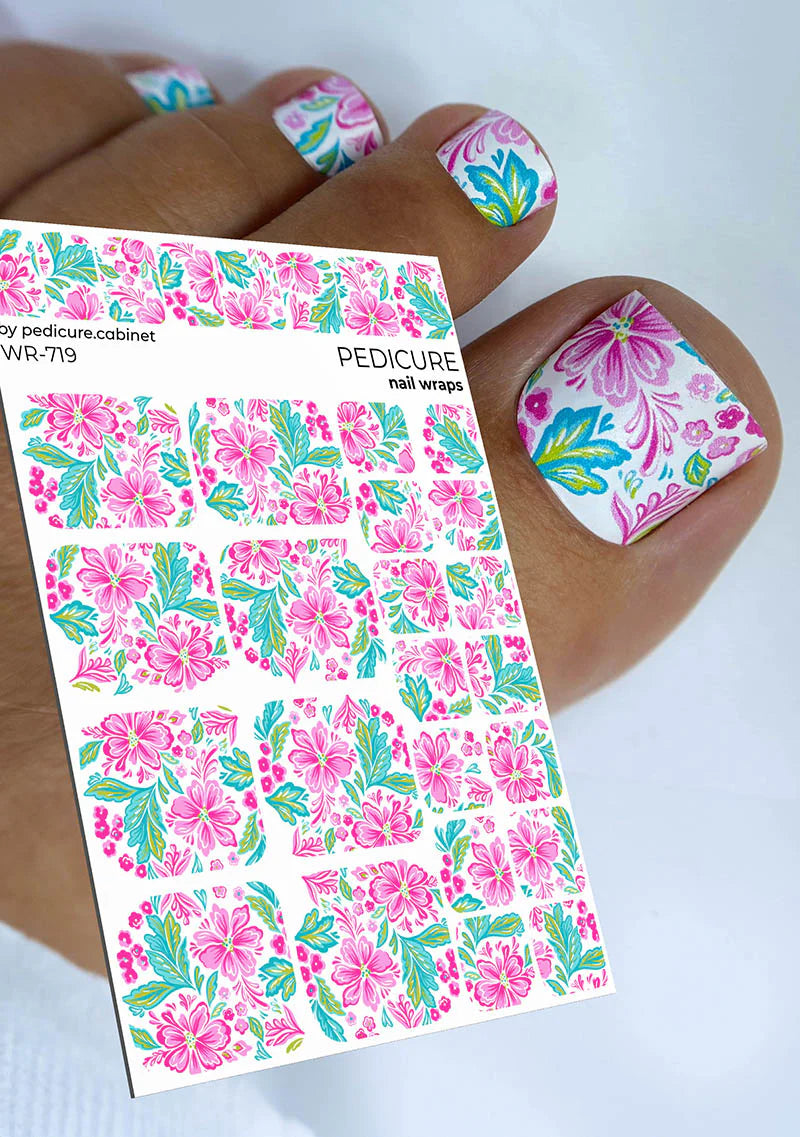 Wrap pédicure fleurs roses sur fond blanc WR-719