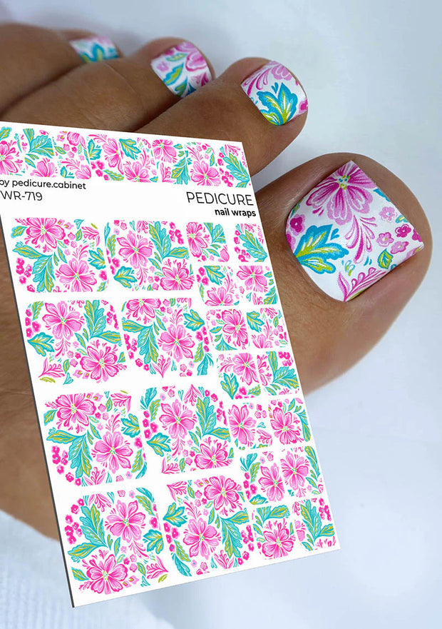 Wrap pédicure fleurs roses sur fond blanc WR-719
