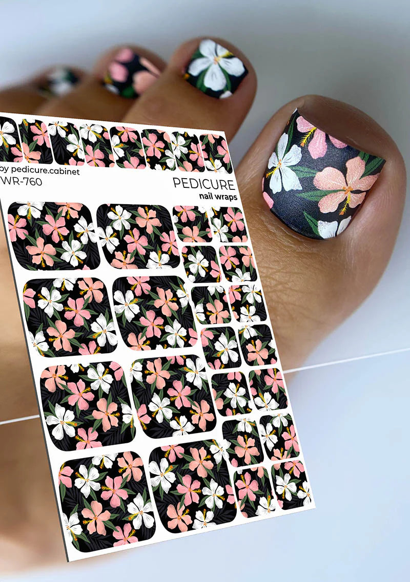 Wrap pédicure motif floral sur fond noir WR-760