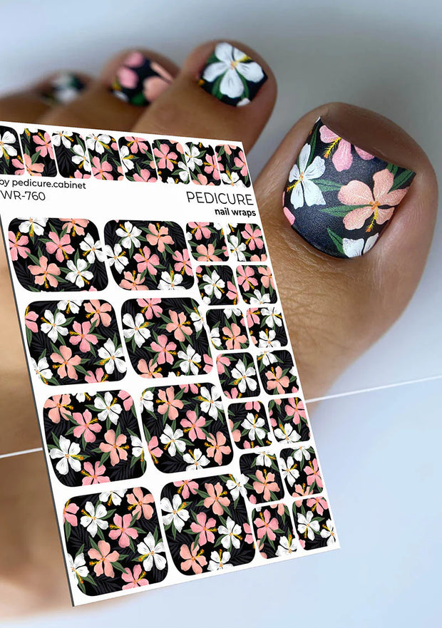 Wrap pédicure motif floral sur fond noir WR-760